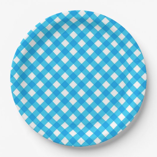 Blaues Gingham-Muster Pappteller (Vorderseite)