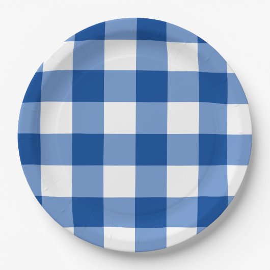 Blaues Gingham-Muster Pappteller (Vorderseite)