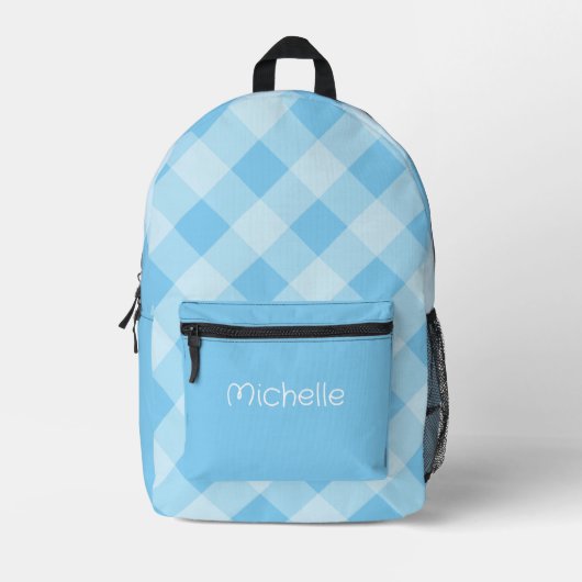 Blaues Gingham-Muster personalisierter Name  Bedruckter Rucksack (Vorderseite)