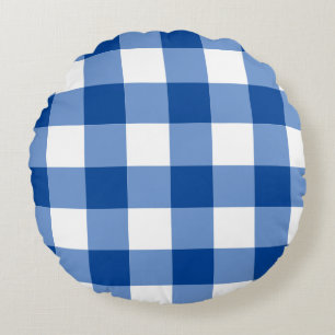 Blaues Gingham-Muster Rundes Kissen