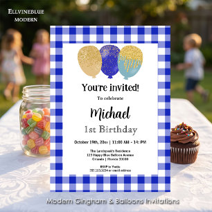 Blaues Gingham, Partyballons 1. Geburtstag Einladung