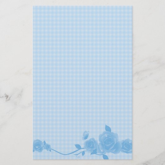 Blaues Gingham-Rosen-Briefpapier Briefpapier (Vorderseite)