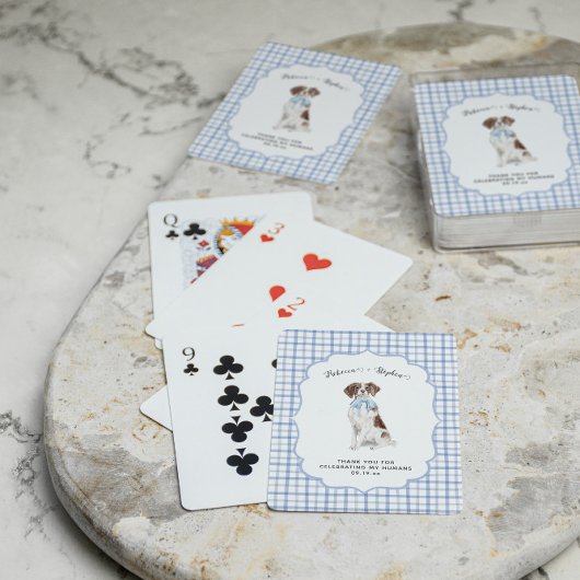 Blaues Gingham | Spaniel-Hundeillustration Hochzei Spielkarten