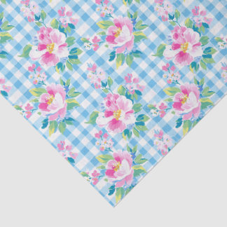 Blaues Gingham und rosa Blumen-Seidenpapier Seidenpapier