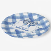 Blaues Gingham und Schleife  Pappteller (Schrägansicht)