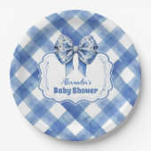 Blaues Gingham und Schleife  Pappteller (Vorderseite)