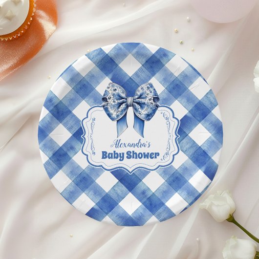 Blaues Gingham und Schleife  Pappteller