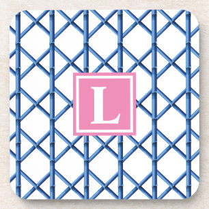 Blaues Gitter-Bambus-Muster-Monogramm im Prep-Stil Getränkeuntersetzer
