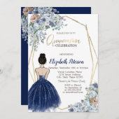 Blaues Glitzer, blaue Blumen, Quinceanera Einladung (Vorne/Hinten)