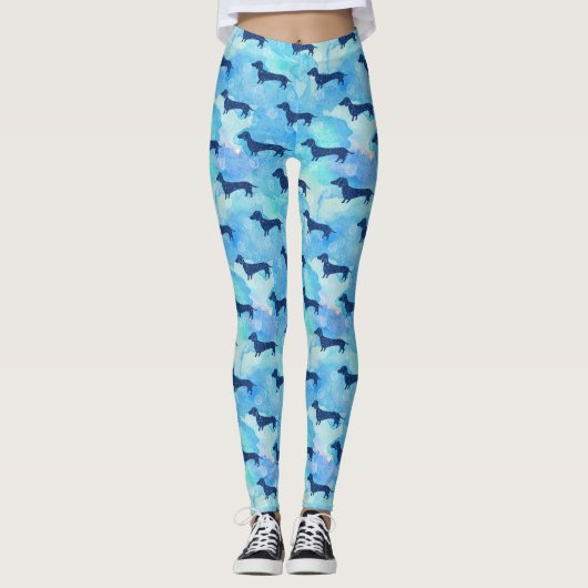 Blaues Glitzerwatercolor-Dackel-Muster Leggings (Vorderseite)