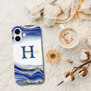 Blaues Gold-Alkohol-Tinten-Monogramm-Name-Initiale iPhone 16 Hülle