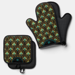 Blaues Gold Art Deco Muster Ofenhandschuh & Topflappen-Set