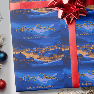 Blaues Gold Benutzerdefiniertes Winterdorf Weihnac Geschenkpapier