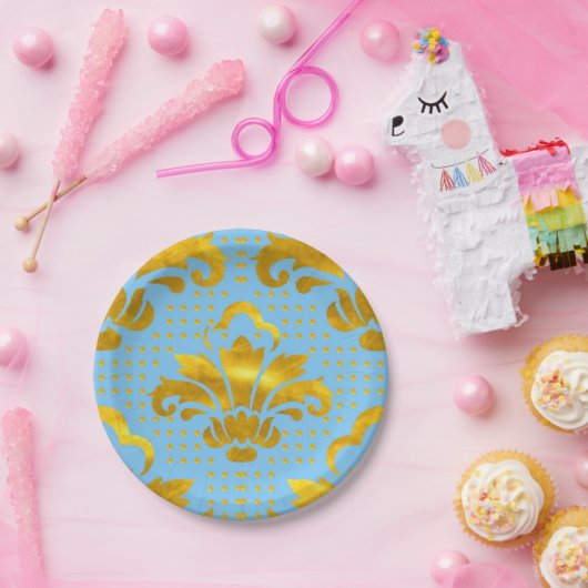 Blaues Gold Damask Muster Pappteller (Party)