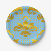 Blaues Gold Damask Muster Pappteller (Vorderseite)