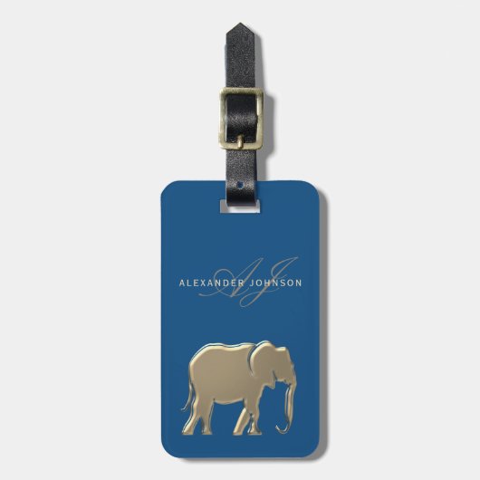 Blaues Gold Elefant Monogramm Gepäckanhänger (Vorderseite vertikal)