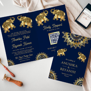 Blaues Gold Ethnische Elefanten Indischer QR-Code Einladung