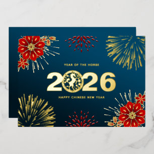Blaues Gold Frohes Chinesisches Neujahr des Pferde Folien Feiertagskarte