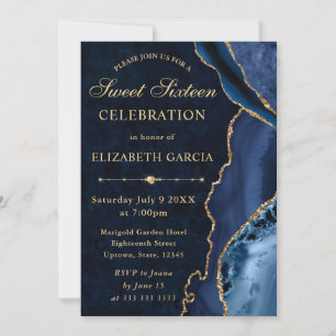 Blaues & Gold Glitter Achat und Marmor Sweet 16 Einladung