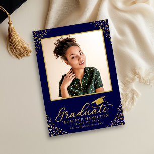 Blaues Gold Konfetti Foto Abschlussankündigung Einladung