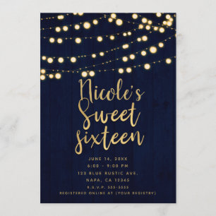 Blaues Gold Rustikales Holz & Lights Sweet 16 Einladung