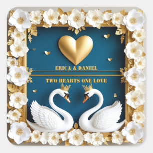 Blaues Gold Schwan Paar Hochzeitsthema 💍 Quadratischer Aufkleber