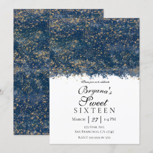 Blaues Gold Sprenkel Modern Glam Süße 16 Party Einladung
