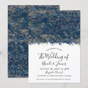 Blaues Gold Sprenkel Modern Glamour Hochzeit Ehe Einladung