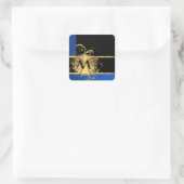 Blaues Gold und schwarze Monogramm Quadratischer Aufkleber (Tasche)