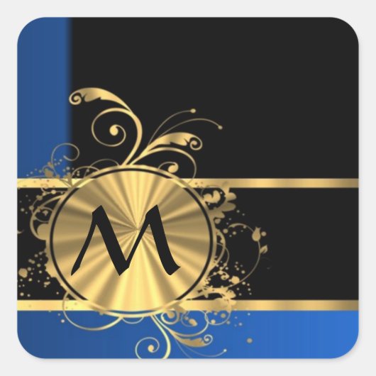 Blaues Gold und schwarze Monogramm Quadratischer Aufkleber (Vorderseite)
