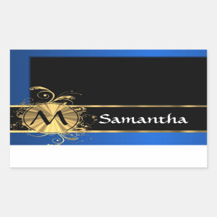 Blaues Gold und schwarze Monogramm Rechteckiger Aufkleber