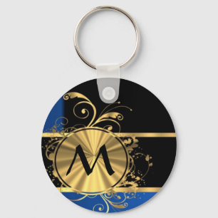 Blaues Gold und schwarze Monogramm Schlüsselanhänger