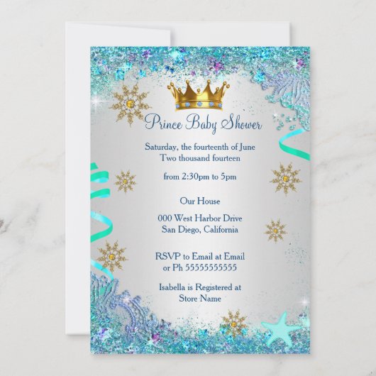 Blaues Gold unter dem Sea Prince Baby Shower Ethni Einladung (Rückseite)