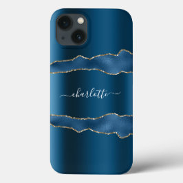 Blaues Goldbarren-Marmornamenskript iPhone 16 Hülle