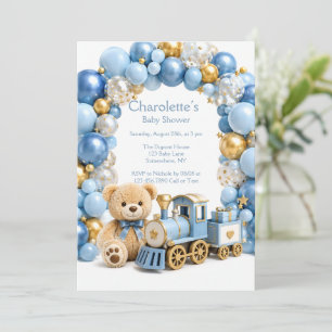 Blaues Goldener Teddybär-Zug-Junge-Baby-Party  Einladung