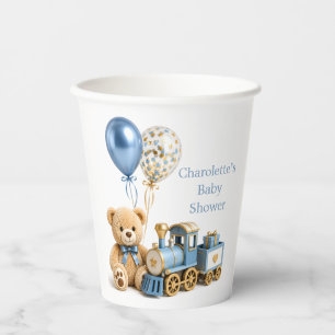 Blaues Goldener Teddybär Zug Junge Baby-Party Pappbecher