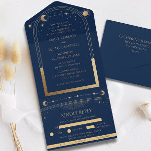 Blaues Goldenes Himmels-Sonne-Mond-Sterne-Hochzeit All In One Einladung