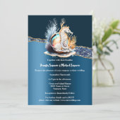Blaues goldenes Seepferd funkelt nautische Muschel Einladung (Stehend Vorderseite)