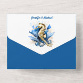 Blaues goldenes Seepferd Korallenkorallenstrand All In One Einladung (Rückseite)