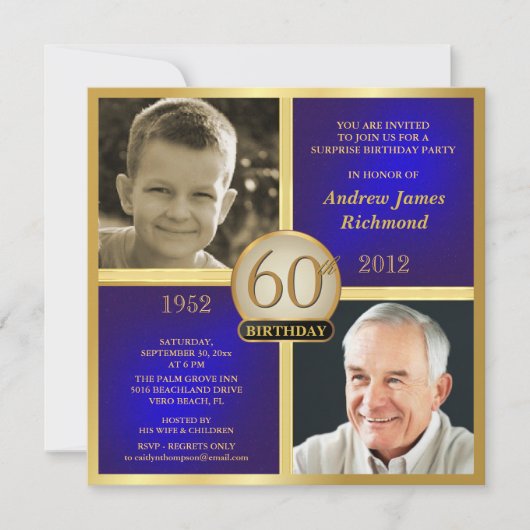 Blaues Golderwachsener Geburtstag laden Then-Now Einladung (Vorderseite)