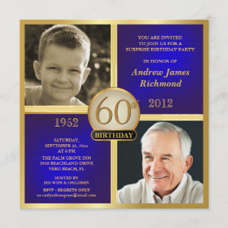 Blaues Golderwachsener Geburtstag laden Then-Now Einladung