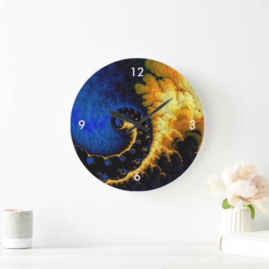 Blaues goldgelbes Fraktal Große Wanduhr (Zuhause)