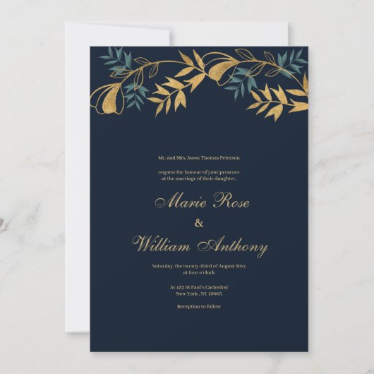 Blaues goldgraues Zyanenblättrig Hochzeit Einladung (Vorderseite)