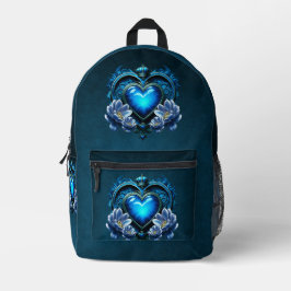 Blaues gotisches Herz umgeben von magischen Blume Bedruckter Rucksack