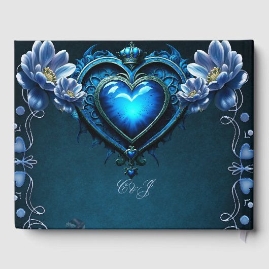 Blaues gotisches Herz umgeben von magischen Blume Gästebuch (Rückseite)
