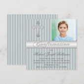 Blaues Grau Stripes Bestätigungs-Foto-Einladung Einladung (Vorne/Hinten)