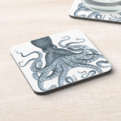 Blaues Grau-Vintage Kraken-Illustration Getränkeuntersetzer (Linke Seite)