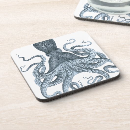 Blaues Grau-Vintage Kraken-Illustration Getränkeuntersetzer (Linke Seite)