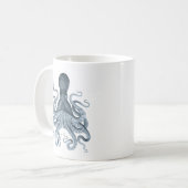 Blaues Grau-Vintage Kraken-Illustration Kaffeetasse (Vorderseite Links)
