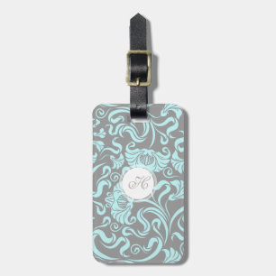 Blaues Grau-Vintages Blumenmuster-Monogramm L Gepäckanhänger